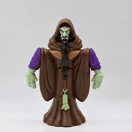 A wizard toy tips its head forward and pops its arms out, all attached by strings